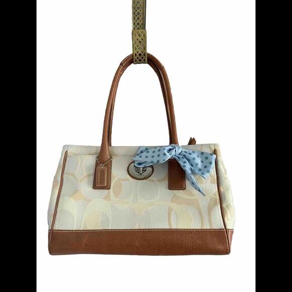 Coach Cream Canvas Leather Handbag 11821 Blue Scarf Bow Feet Made Jan 2008 Purse - Picture 1 of 12